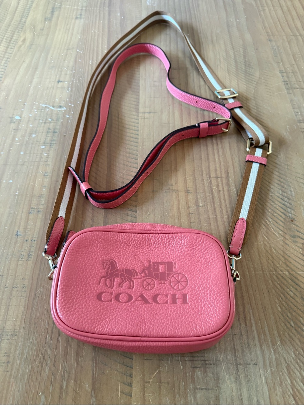Coach Coral Pebbled Leather Crossbody with Striped Webbing Strap
